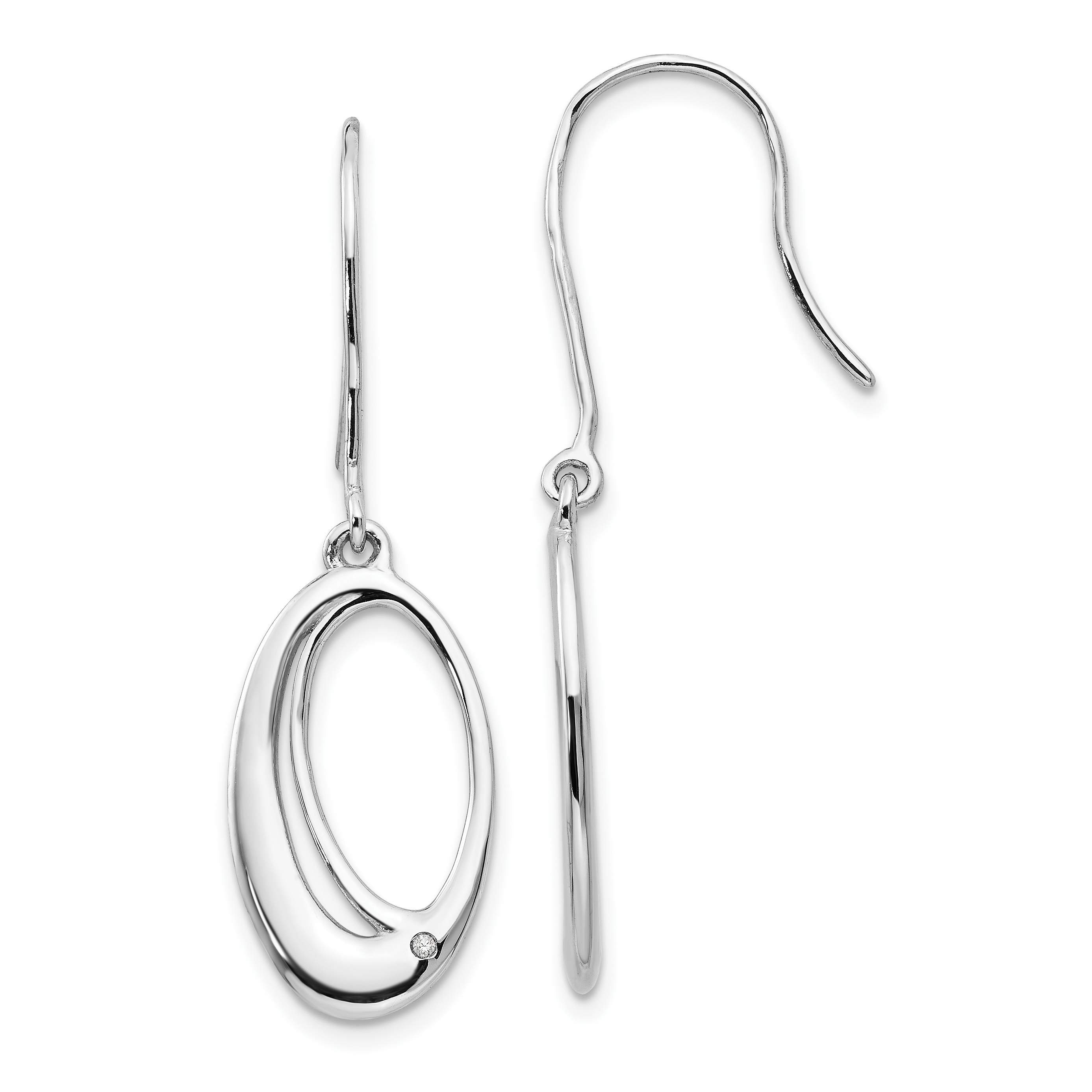 925 Sterling Silver Rh Open Oval Diamond Shepherd Hook Dangle Earrings